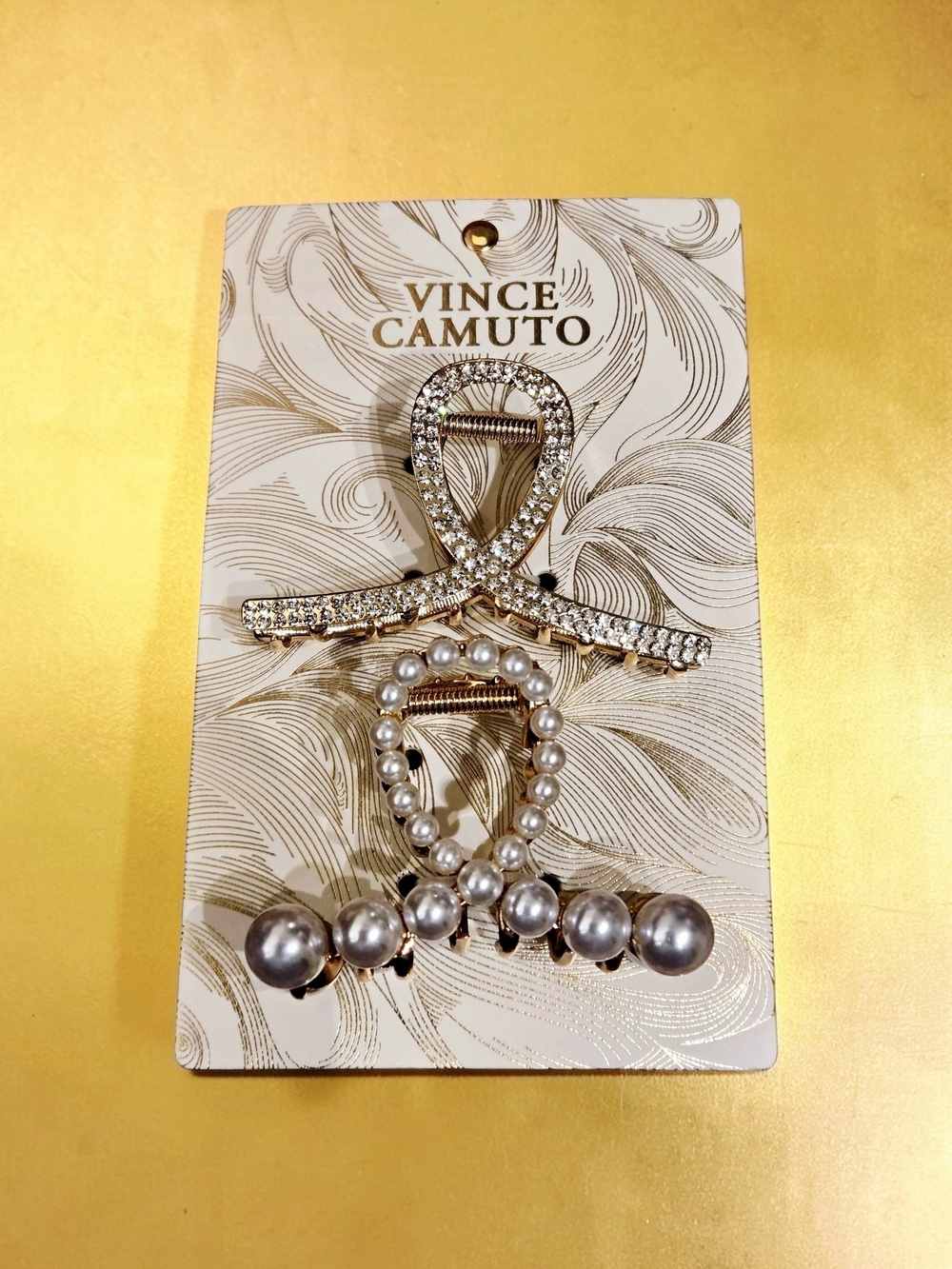 NEW Vince Camuto Set of 2 Gold Metal Hair Claw Clips Crystal Stone & Pearls NWT